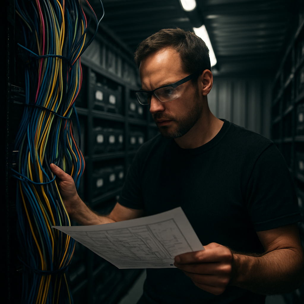 A Data45 technician assembling network cabling inside a modular AI data center container